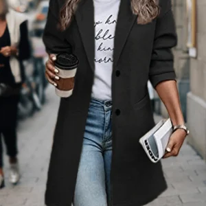 Inrosy mi-longue manteau en laine unicolore blazer boutons poches manches longues femme élégant mode veste