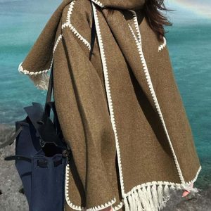 Inrosy manteau en laine veste en feutre à encolure frange écharpe boutonnage poches col rond femme élégant mode