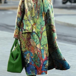 Inrosy longue manteau en laine imprimé à fleurie double boutonnage poches col revers manches longues femme élégant mode