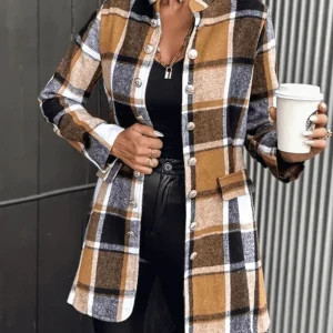 Inrosy manteau en laine officier carreaux double boutonnage poches col montant manches longues femme élégant mode