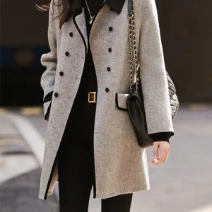 Inrosy mi-longue manteau en laine double boutonnage poches polo col manches longues femme élégant mode veste