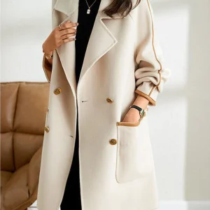 Inrosy mi-longue manteau en laine double boutonnage poches col revers manches longues femme élégant mode veste