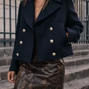 Inrosy court manteau caban double boutonnage poches col revers manches longues femme casual élégant mode veste