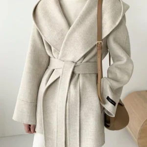 Inrosy mi-longue manteau en laine unicolore ceinture à capuche manches longues femme élégant décontracté veste