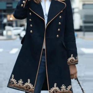 Inrosy mi-longue manteau officier double boutonnage poches découpe v manches longues femme élégant mode veste caban