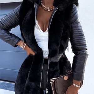 Inrosy mi-longue manteau en fausse fourrure simili cuir poches ceinture à capuche manches longues femme élégant mode hiver parka