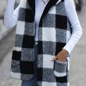 Inrosy gilet débardeur carreaux polaire veste en velours réversible à capuche sans manches poches femme mode décontracté manteau
