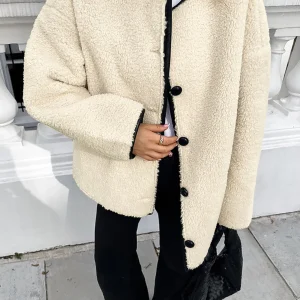 Inrosy manteau veste polaire unicolore boutonnage col rond manches longues femme casual élégant décontracté