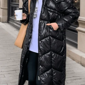 Inrosy longue manteau doudoune vinyl à capuche boutons poches fermeture éclair manches longues femme oversized décontracté hiver veste