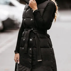 Inrosy mi-longue manteau doudoune double boutonnage ceinture col montant sans manches femme décontracté hiver gilet