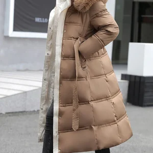 Inrosy longue manteau doudoune fausse fourrure à capuche poches ceinture femme casual décontracté hiver veste