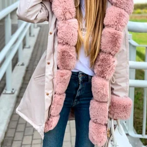 Inrosy mi-longue manteau avec fausse fourrure parka capuche décontracté femme veste