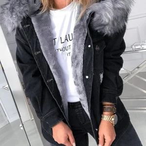 Inrosy mi-longue parka intérieur fourrure veste en jean déchiré troué polaire poches à capuche femme décontracté veste
