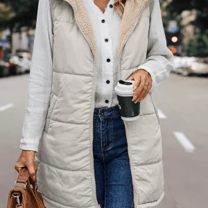 Inrosy gilet à capuche réversible veste poches fermeture éclair sans manches femme casual mode oversized décontracté débardeur