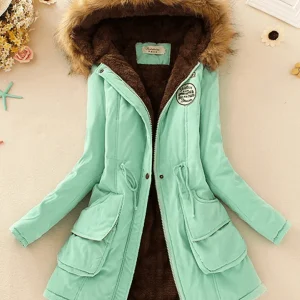 Inrosy mi-longue parka intérieur fourrure à capuche boutons poches fermeture éclair manches longues femme mode décontracté