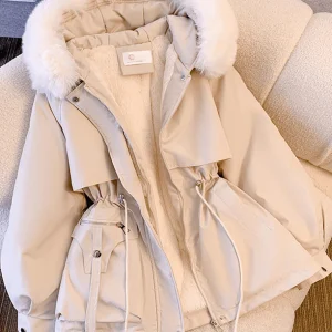 Inrosy mi-longue parka à capuche molleton boutons poches manches longues femme mode décontracté hiver manteau