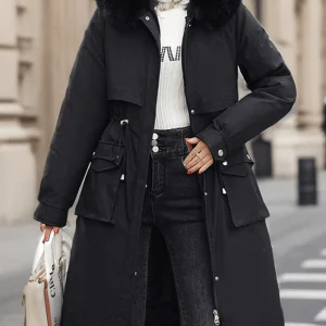Inrosy longue parka d'hiver à capuche boutons poches fermeture éclair manches longues femme oversized décontracté mantea
