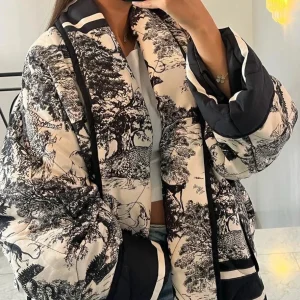 Inrosy court hiver veste imprimé à fleurie poches manches longues femme oversized décontracté manteau