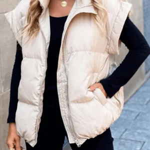 Inrosy gilet veste unicolore sans manches poches fermeture éclair col revers femme mode décontracté hiver manteau