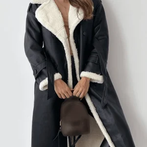 Inrosy longue manteau aviateur simili cuir molleton double boutonnage poches ceintur col revers manches longues femme oversized blousen