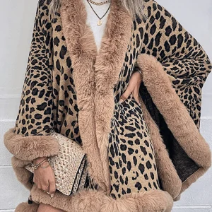 Inrosy hiver cape léopard manches chauve souris manches longues femme élégant mode ample manteau