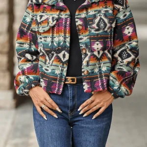 Inrosy court veste tribal imprimé géométrique boutonnage col revers manches longues femme ethnique vintage décontracté