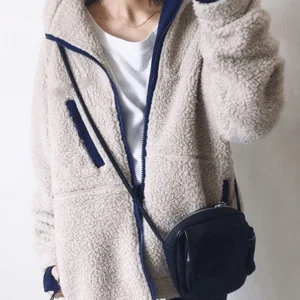 Inrosy manteau polaire poches fermeture éclair à capuche manches longues femme mode décontracté hiver veste