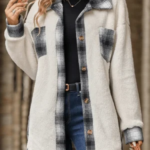 Inrosy mi-longue manteau carreaux boutonnage poches col revers manches longues femme élégant mode décontracté veste