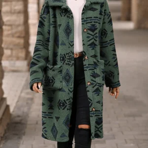 Inrosy mi-longue manteau géométrique boutonnage poches col revers manches longues femme ethnique mode décontracté veste
