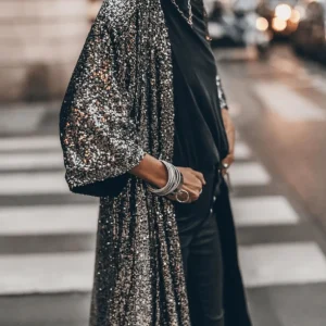 Inrosy longue veste brillante paillette manches 3/4 femme mode ample oversized décontracté manteau noir