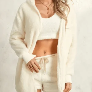 Inrosy ensemble de pyjama 3 pièces nœud bretelle à capuche manches longues femme casual mode décontracté femme d'intérieur