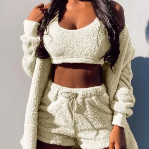 Inrosy ensemble de pyjama courte en polaire 3 pièces femme d'intérieur décontracté