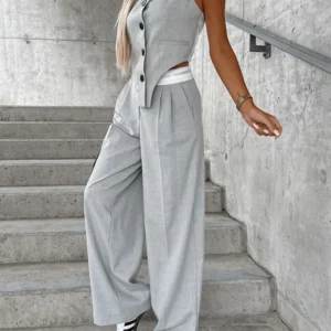 Inrosy ensembles avec pantalon gilet boutonnage poches v-cou sans manches femme élégant mode décontracté deux pièces