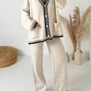 Inrosy ensembles 2 pièces avec pantalon boutonnage poches v-cou manches longues cardigan femme décontracté vêtements de détente