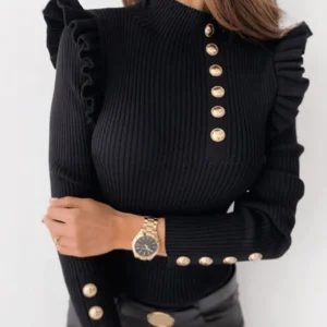 Inrosy pull en maille côtelée unicolore à volantée boutonnage col montant manches longues femme casual élégant mode hauts