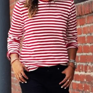 Inrosy hauts rayé coton col rond manches longues femme casual mode décontracté blouse