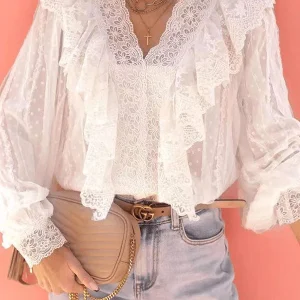 Inrosy blouse à pois dentelle v-cou col bénitier manches longues femme casual bohème décontracté