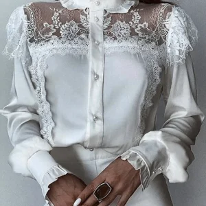 Inrosy chemise dentelle boutonnage col montant manches bishop manches longues femme médiévale élégant vintage blouse