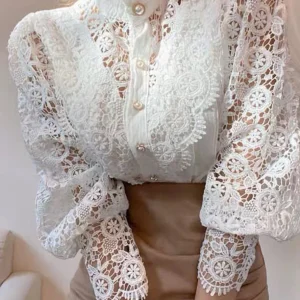 Inrosy blouse fleurie dentelle broderie anglaise boutonnage col montant manches longues femme doux élégant chemisier style tailleur