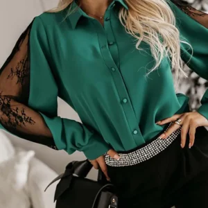 Inrosy blouse dentelle boutonnage col revers manches bishop manches longues femme casual élégant oversized décontracté