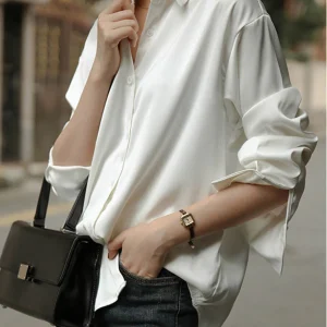Inrosy chemisier de bureau unicolore manches longues femme casual ample oversized décontracté vintage blouse