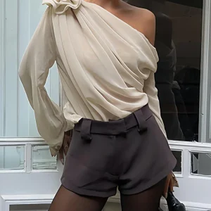 Inrosy blouse fleurie mousseline tulle une épaule manches longues femme casual doux élégant mode décontracté t-shirts