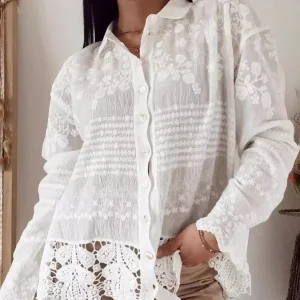 Inrosy blouse dentelle broderie anglaise mousseline boutonnage col chemise manches longues femme décontracté mode oversized hauts