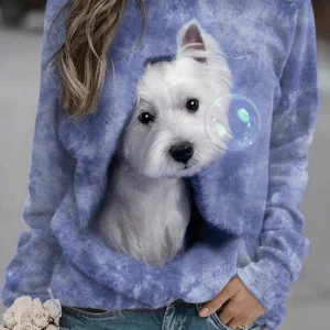 Inrosy sweatshirt modèle de chiot col rond manches longues femme casual mignon mode décontracté noël