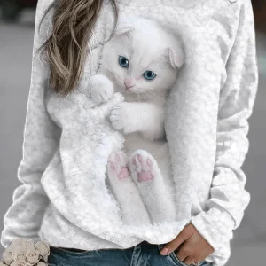 Inrosy sweatshirt modèle de chaton col rond manches longues femme casual mignon mode décontracté noël