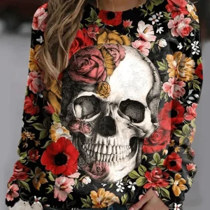 Inrosy sweatshirt avec fleurie skull col rond manches longues femme mode vintage décontracté halloween hauts