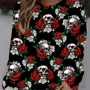 Inrosy sweatshirt avec skull des roses fleurie col rond manches longues femme mode vintage décontracté halloween hauts