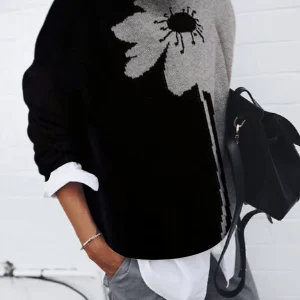 Inrosy pull fleurie col rond manches longues femme style boyfriend oversized décontracté hauts automne