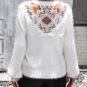 Inrosy pull femme crocheté tricoter découpé en dentelle dos nu col rond manches longues femme casual doux décontracté automne hauts