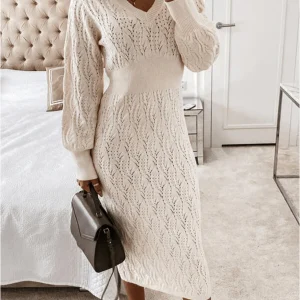 Inrosy pull robe moulante unicolore v-cou manches longues femme mode décontracté